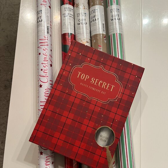 Christmas Wrapping Paper Bundle Paper Source Set of 5 with Santa Evidence Kit - Picture 1 of 16
